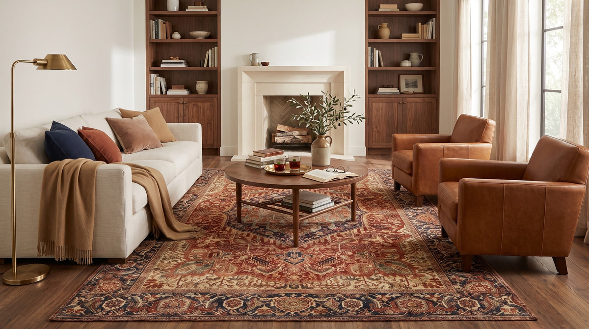 Azar Brick & Navy Persian-style washable rug in a living room with a cream sofa, leather armchairs and a fireplace