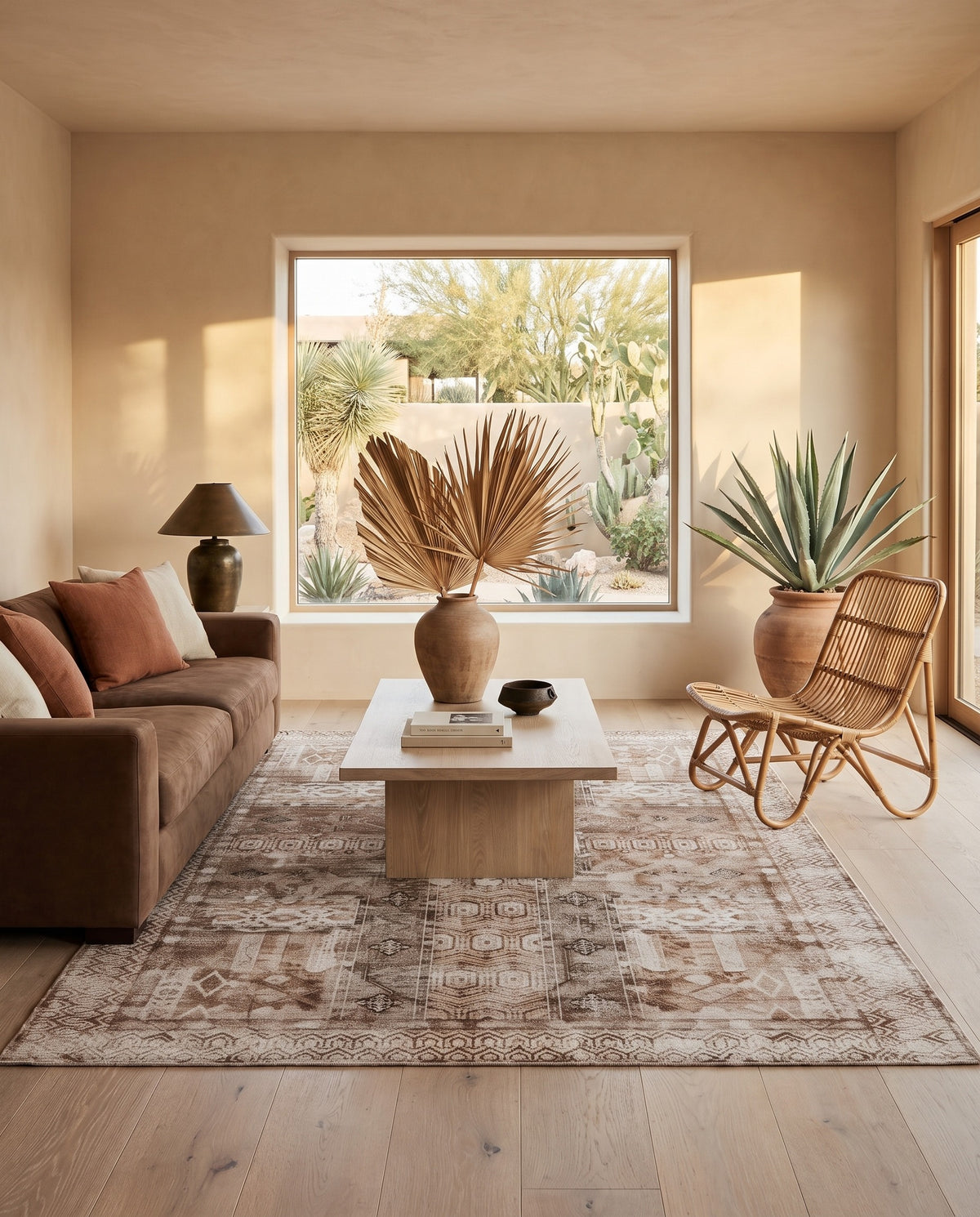 Kavir Sand & Cocoa rug in a California desert living room with a cocoa suede sofa
