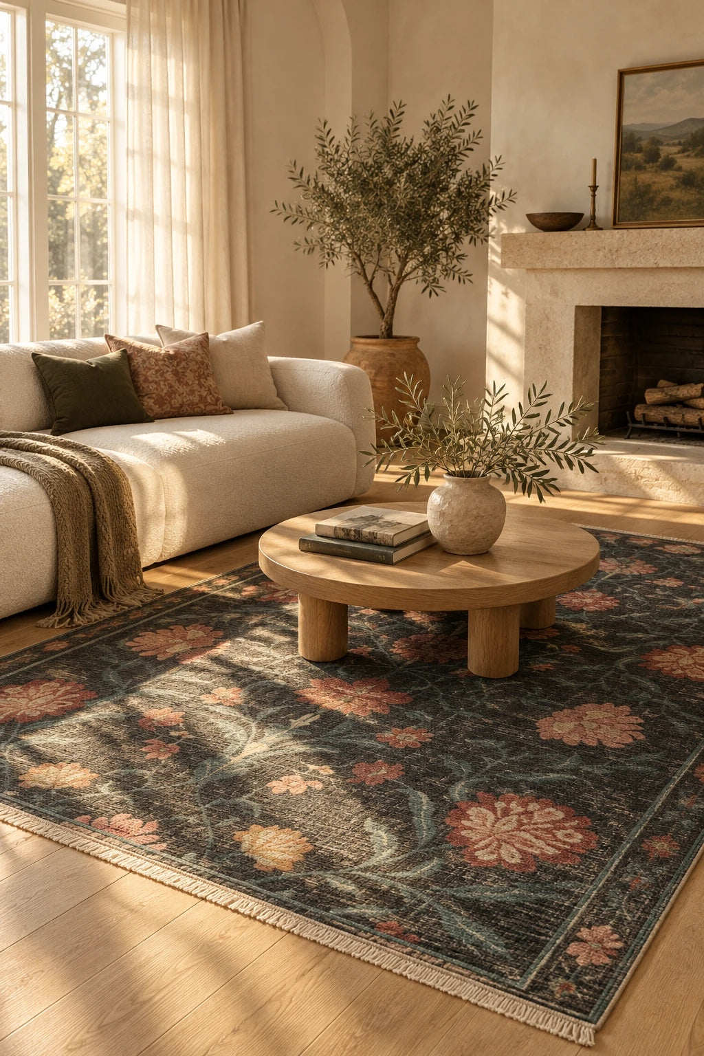 Charcoal Persian-style rug with coral and rose flowers under a round wood coffee table in a sunlit living room