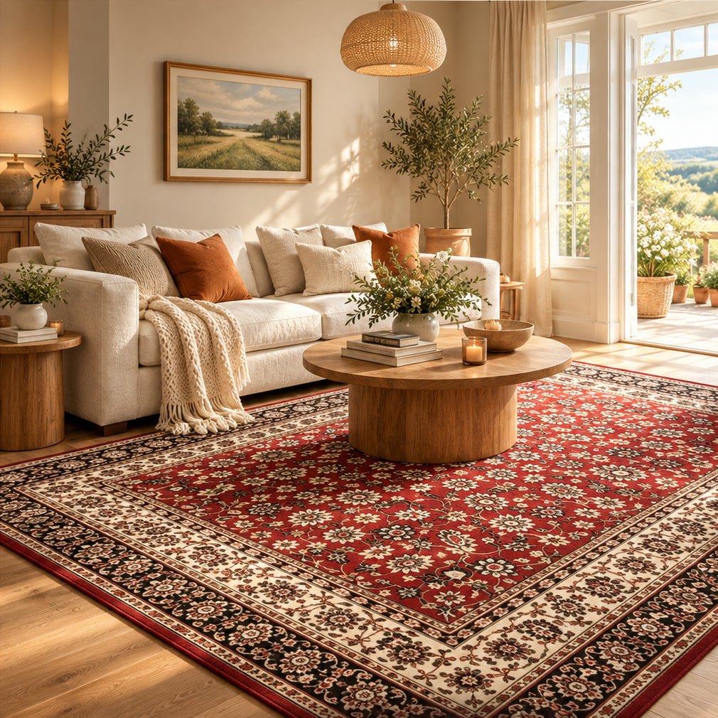 Red Persian-style rug with cream floral borders under a round wood coffee table and a white sofa in a sunlit living room