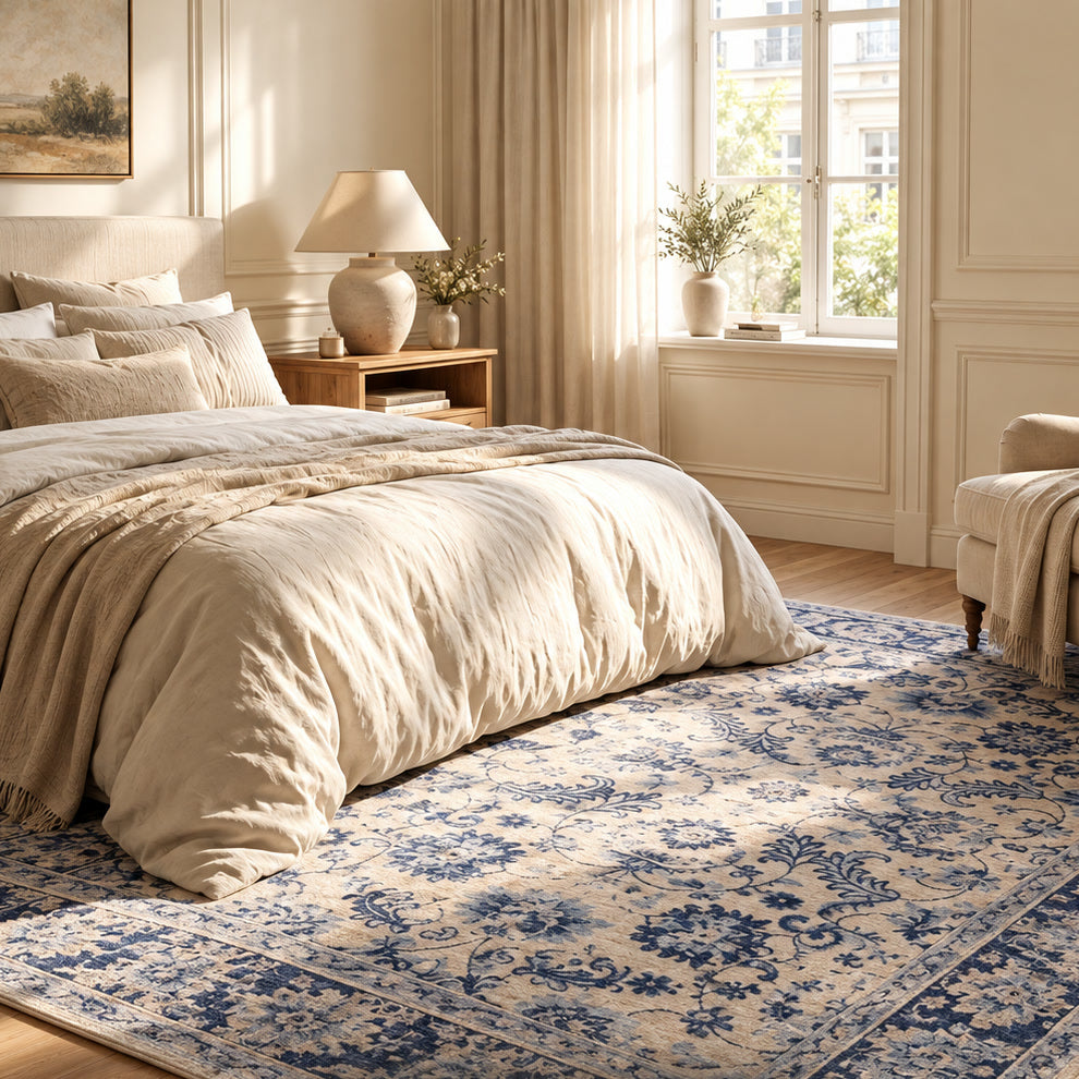 Blue and cream Persian-style rug under a bed with cream linen bedding in a sunlit bedroom