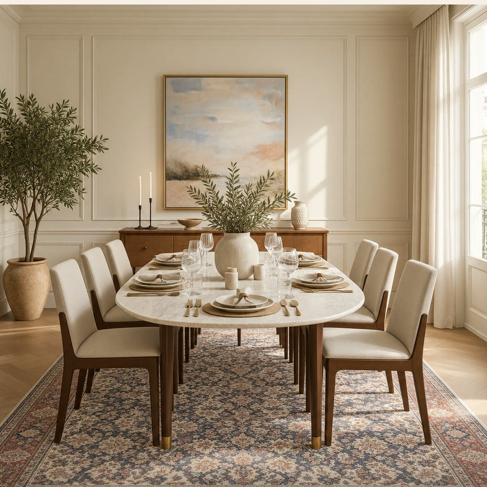 Navy and terracotta Persian-style rug under an oval marble dining table and cream upholstered chairs