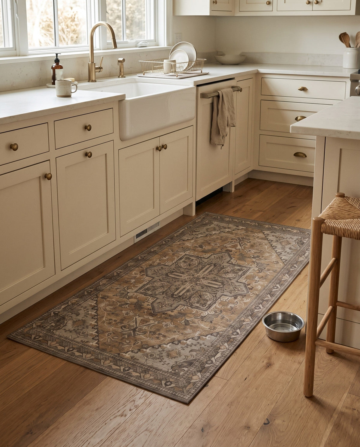 Zarin Ochre & Umber rug in front of the sink in a warm white kitchen