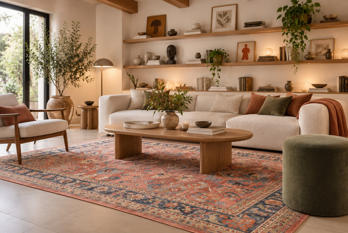 The same living room after, with a coral and navy Persian-style washable rug under the coffee table