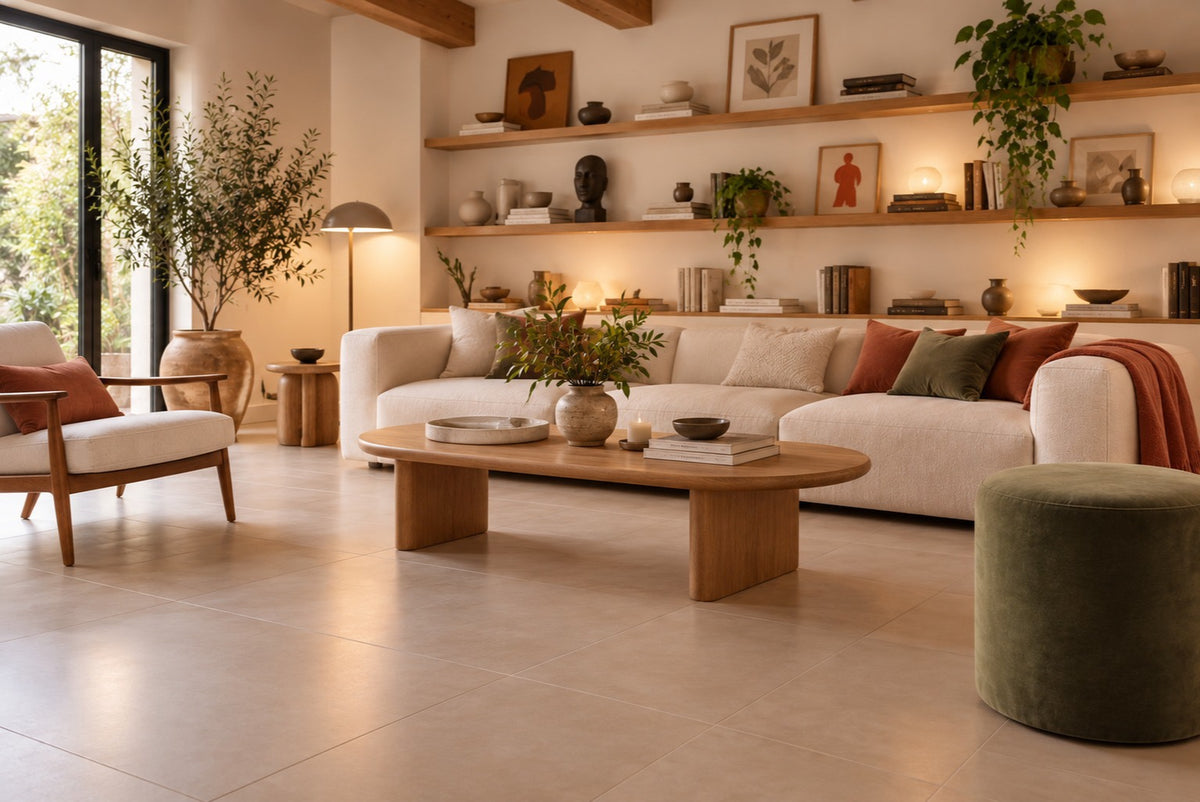Living room before the rug: bare beige tile floor, white sofa and an oval wood coffee table