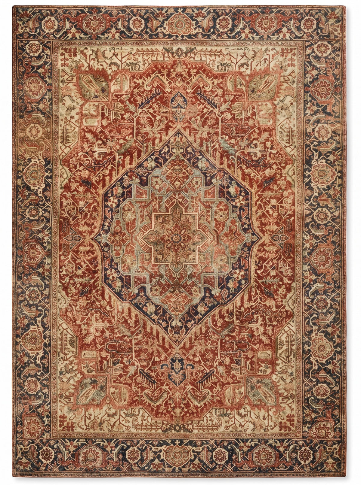 Azar Brick & Navy Persian-style washable rug, top view
