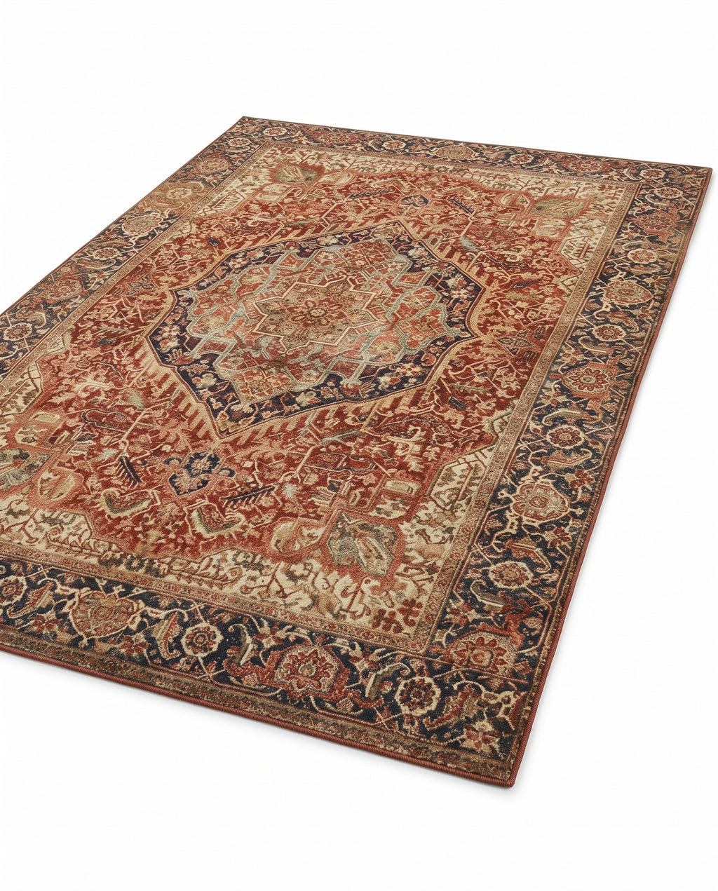 Azar Brick & Navy rug, angled view showing the full design