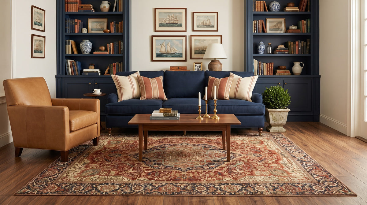 The same New England living room with the Azar Brick & Navy rug