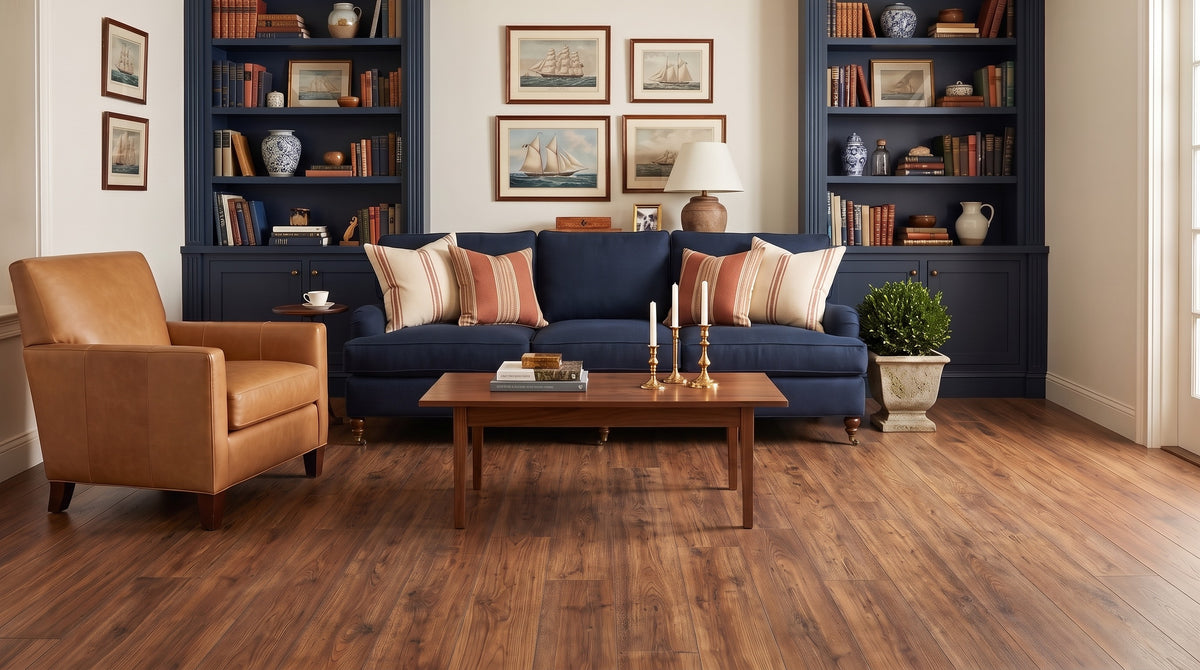 New England living room before, bare walnut floor
