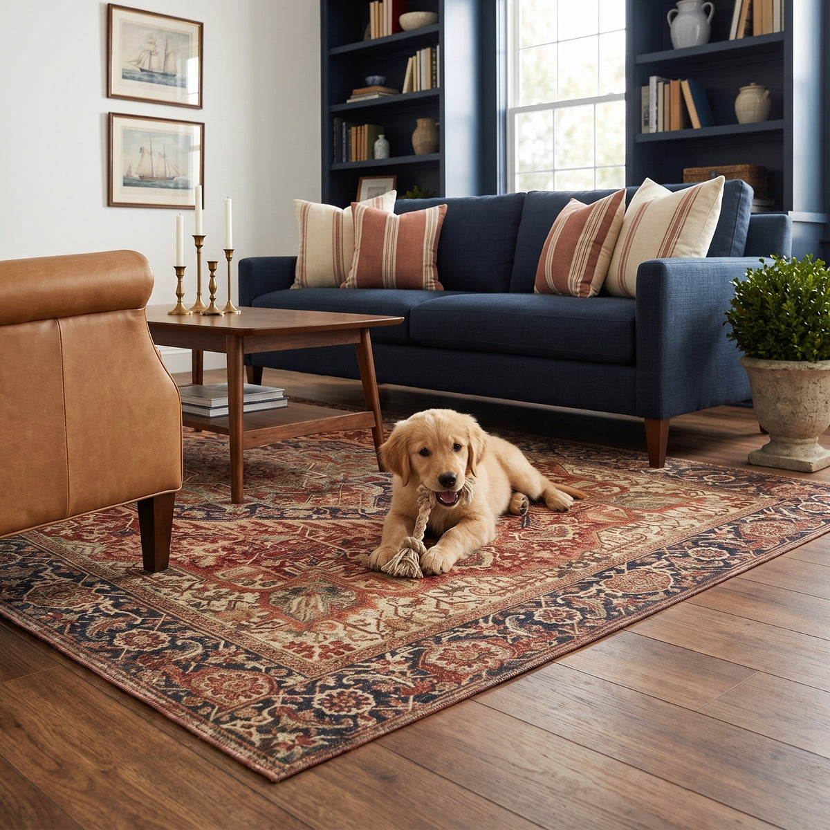 Golden retriever puppy with a rope toy on the Azar Brick & Navy rug