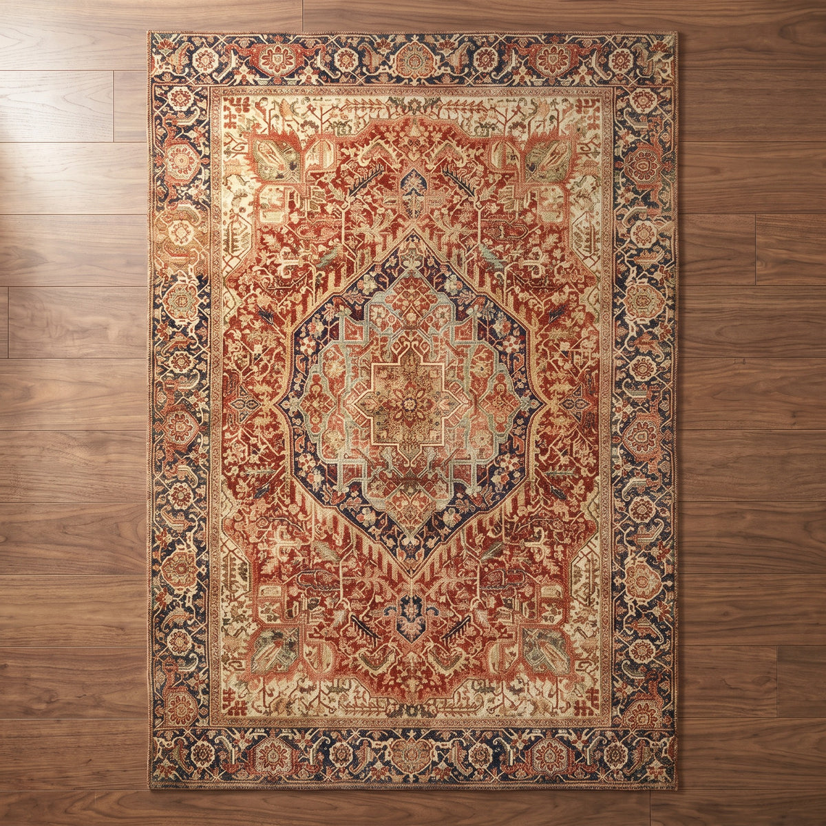 Azar Brick & Navy rug seen from above on a walnut floor