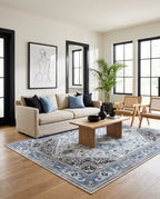 Darya Sky & Ink rug in a modern coastal living room with a linen sofa and cane chairs