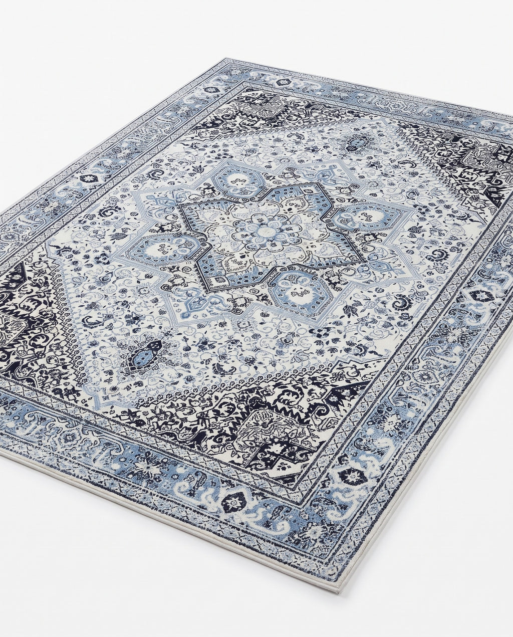 Darya Sky & Ink rug, angled view showing the full design