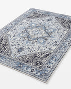 Darya Sky & Ink rug, angled view showing the full design