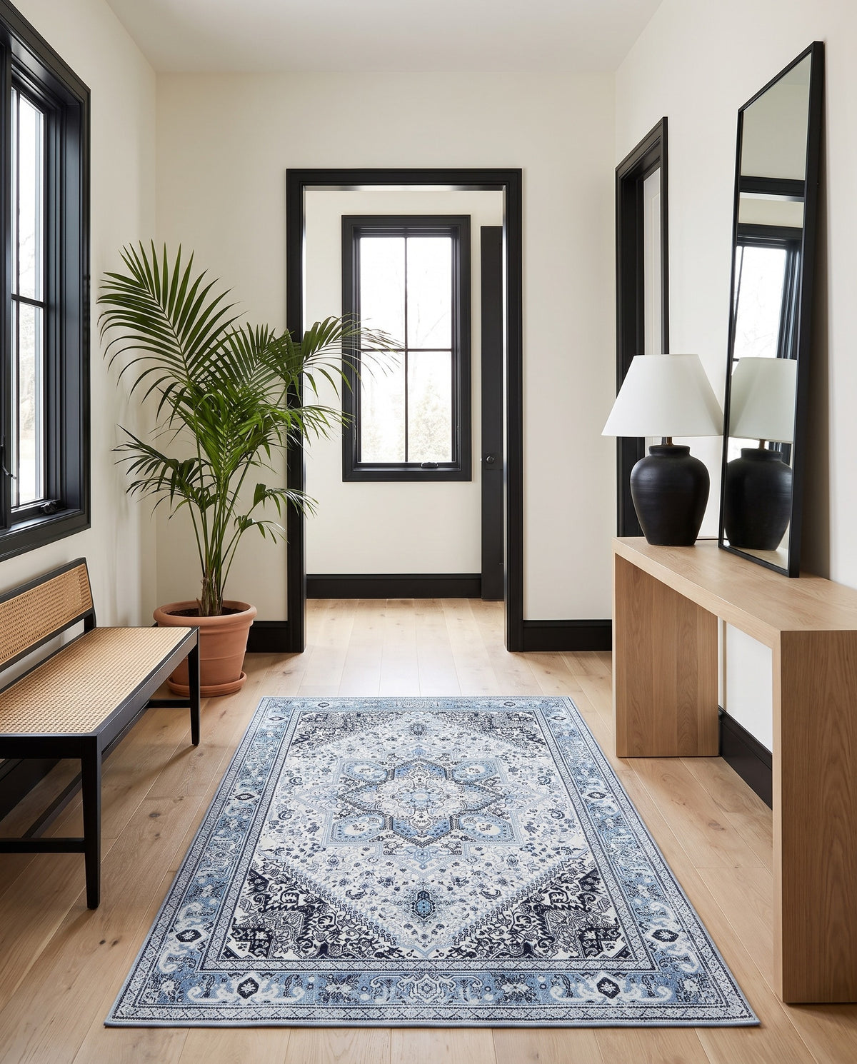Darya Sky & Ink rug in a bright entryway with black window frames