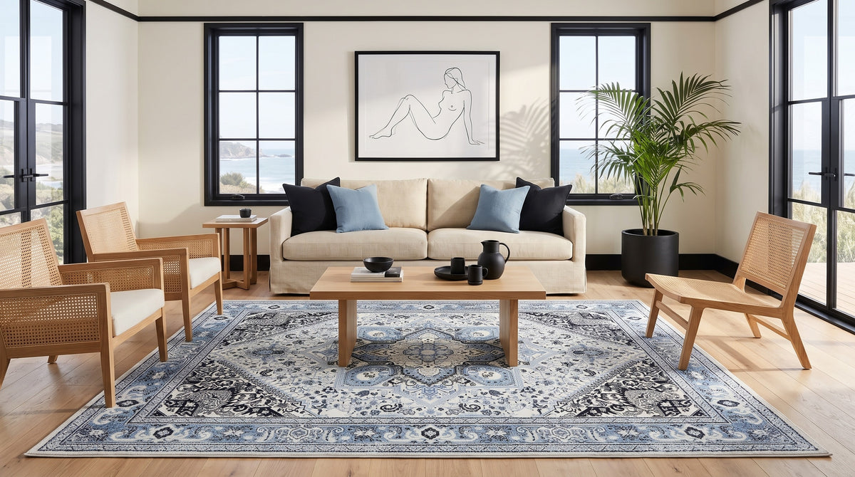 The same coastal living room with the Darya Sky & Ink rug