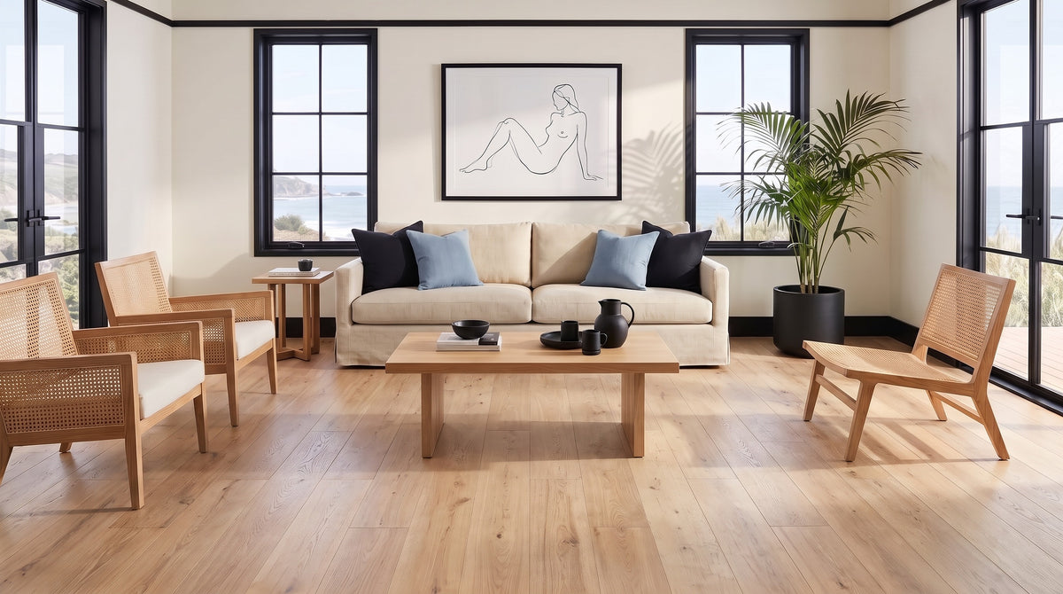 Modern coastal living room before, bare white oak floor