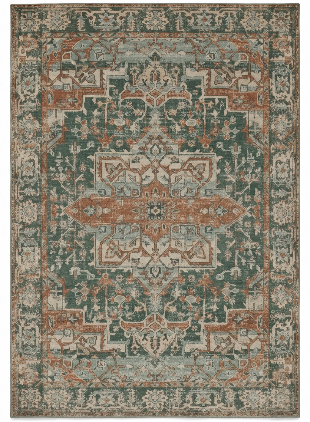 Golbahar Jade & Rust Persian-style washable rug, top view