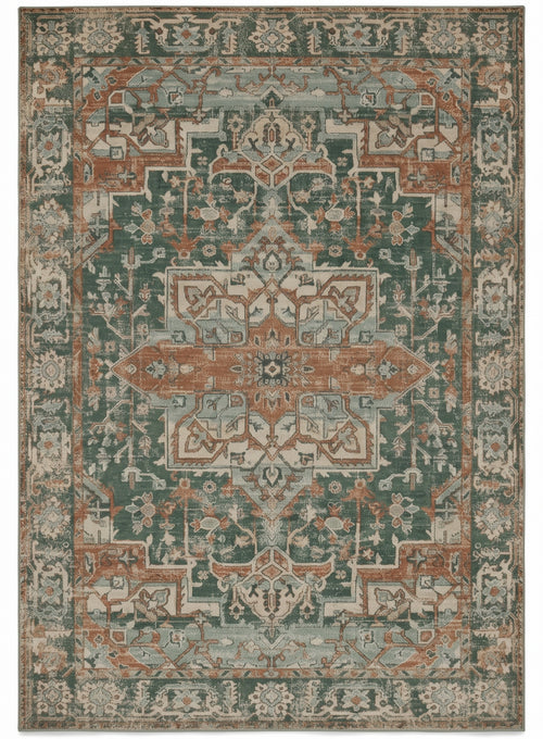 Golbahar Jade & Rust Persian-style washable rug, top view