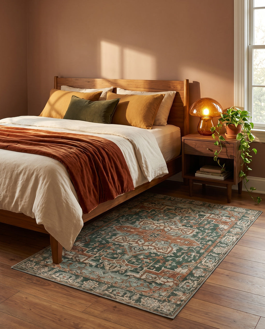 Golbahar Jade & Rust rug beside a teak bed with a rust velvet throw