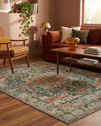 Golbahar Jade & Rust rug in a warm 1970s revival living room with a rust velvet sofa