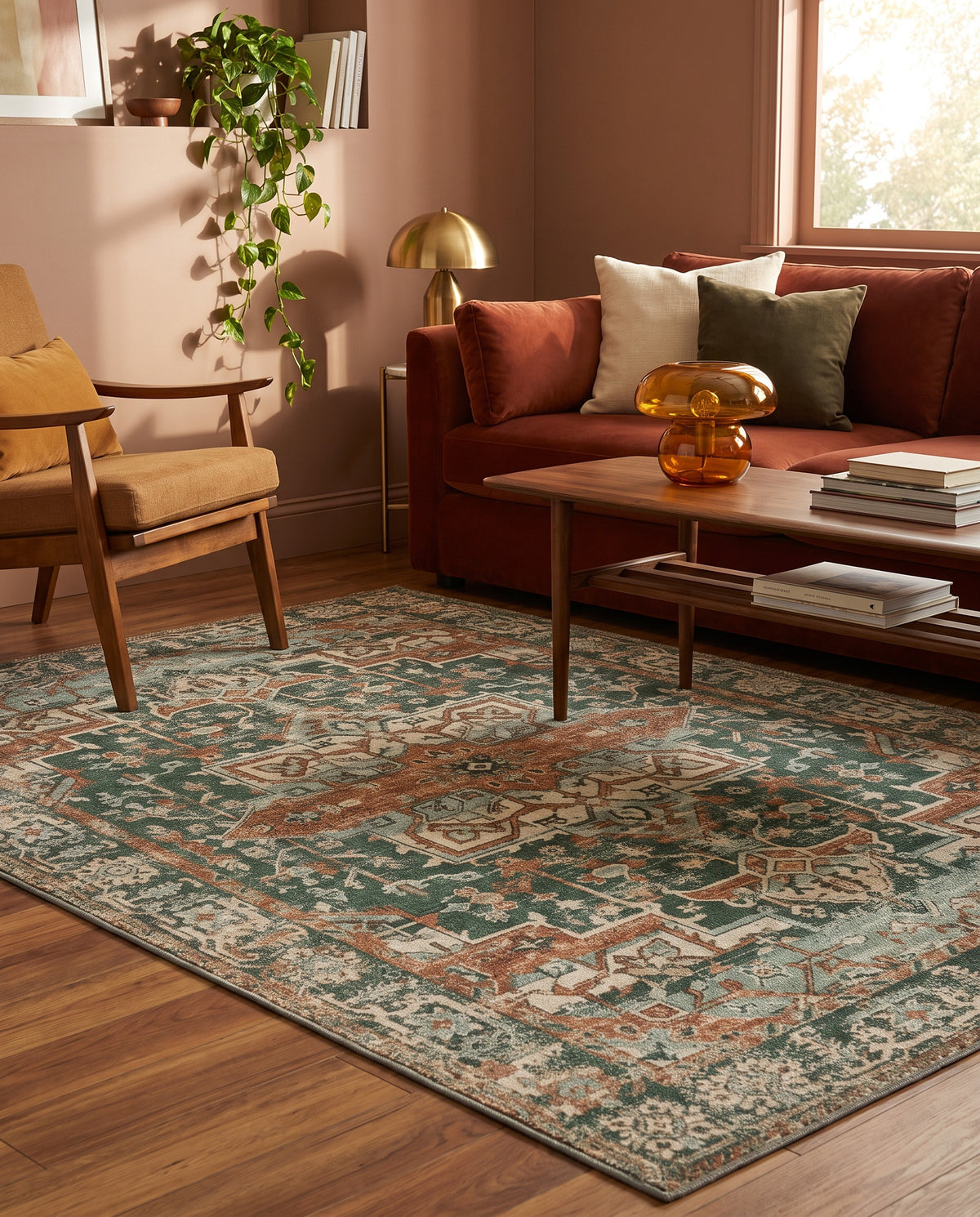 Golbahar Jade & Rust rug in a warm 1970s revival living room with a rust velvet sofa
