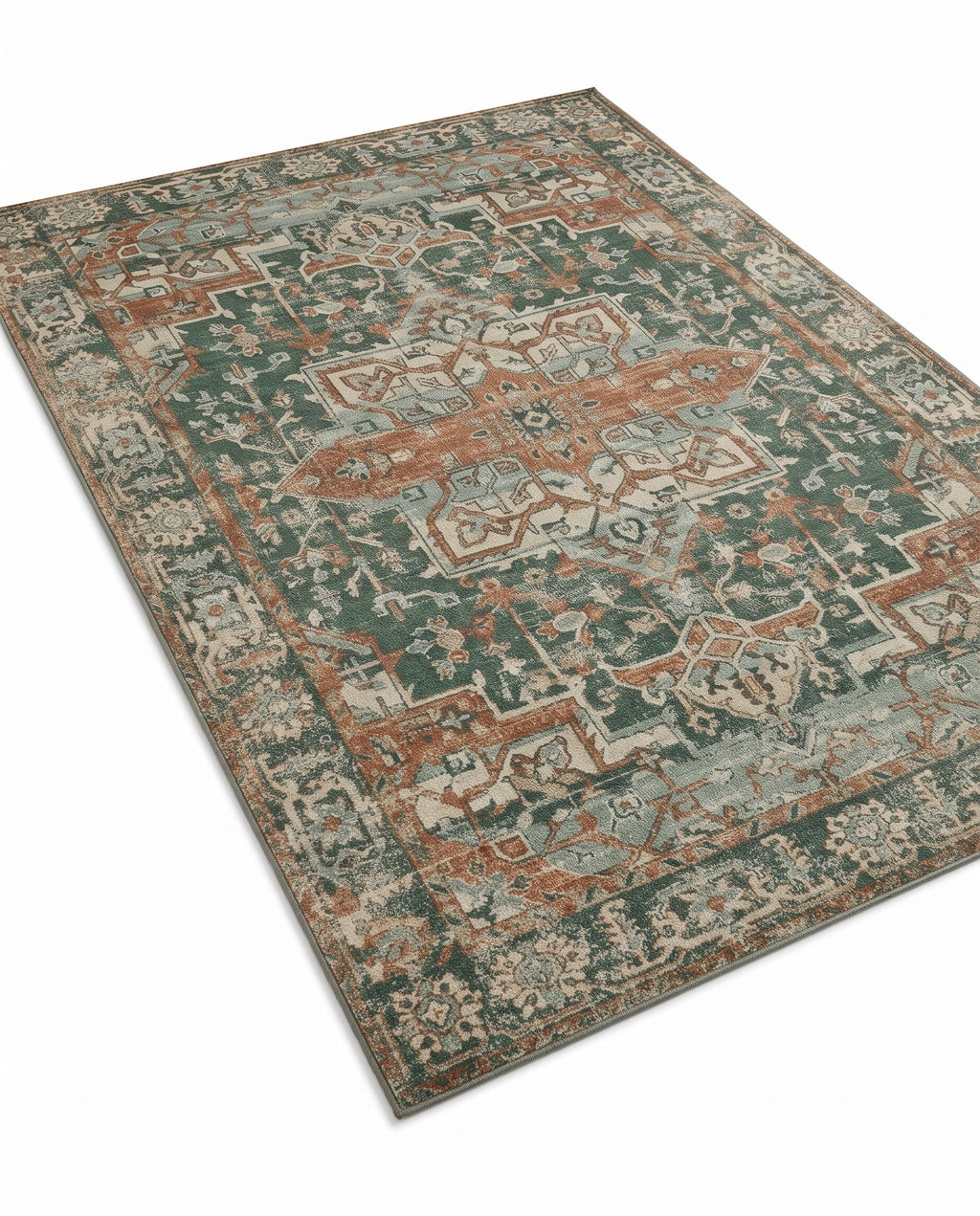 Golbahar Jade & Rust rug, angled view showing the full design