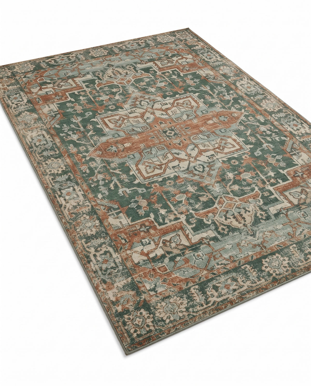 Golbahar Jade & Rust rug, angled view showing the full design