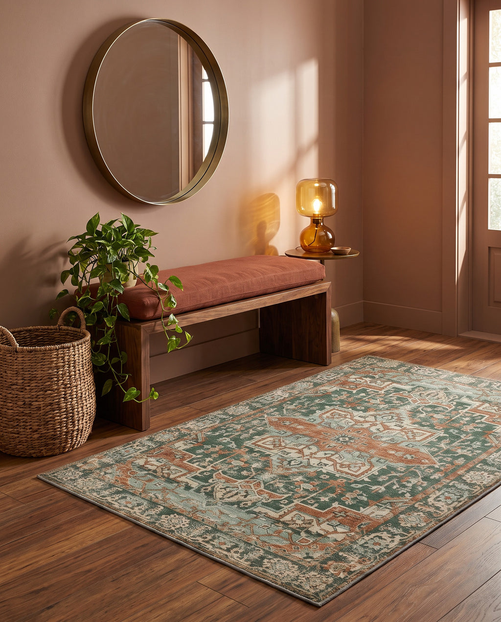Golbahar Jade & Rust rug in an entryway with a walnut bench and a brass mirror