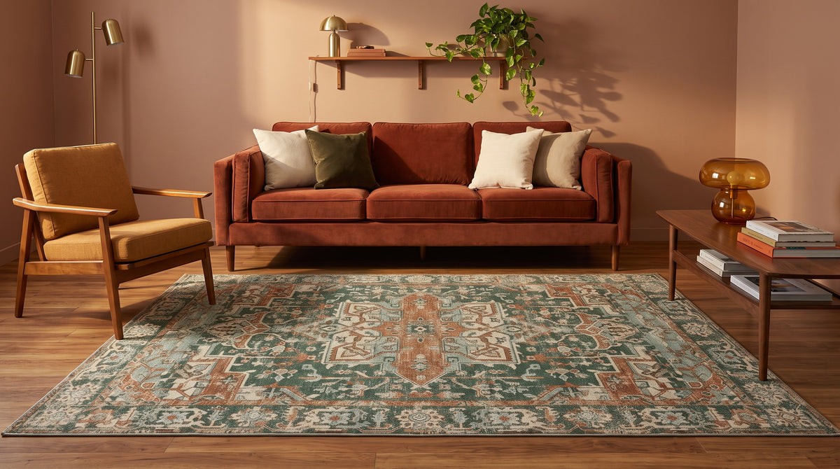 The same living room with the Golbahar Jade & Rust rug