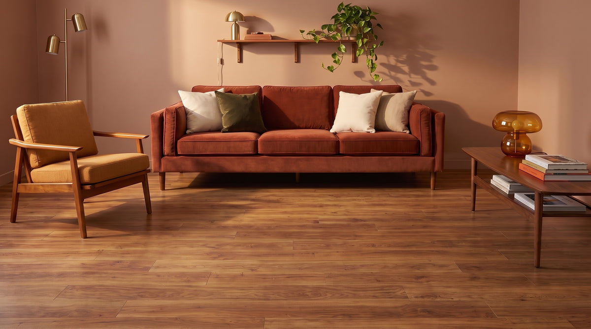 1970s revival living room before, bare teak-toned floor