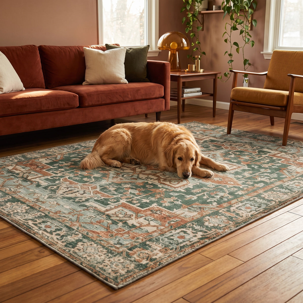 Golden retriever lying on the Golbahar Jade & Rust rug