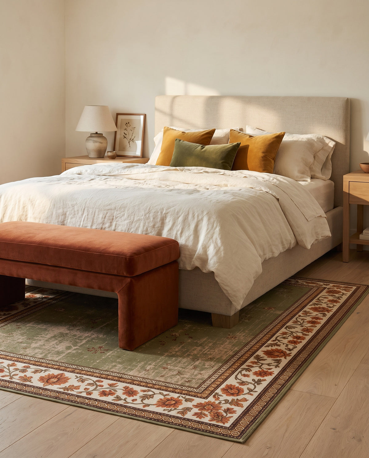 Golnar Sage & Saffron rug at the foot of a linen bed in a warm bedroom