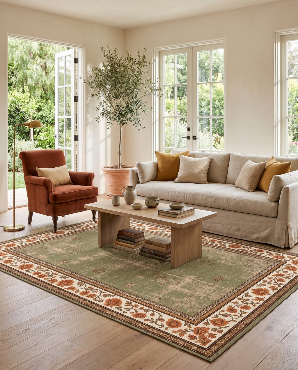 Golnar Sage & Saffron rug in a California living room with a linen sofa and rust armchair
