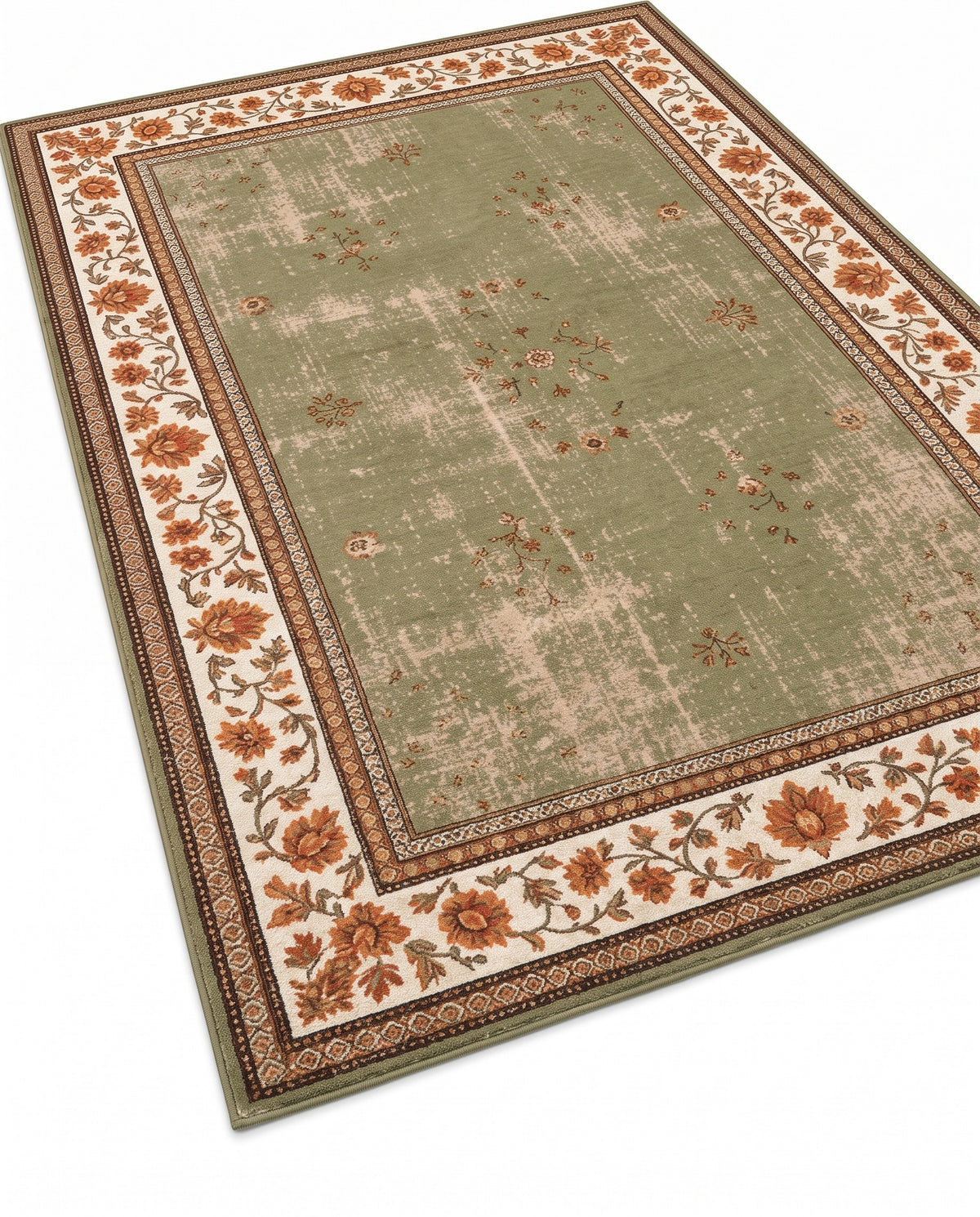 Golnar Sage & Saffron rug, angled view showing the full design