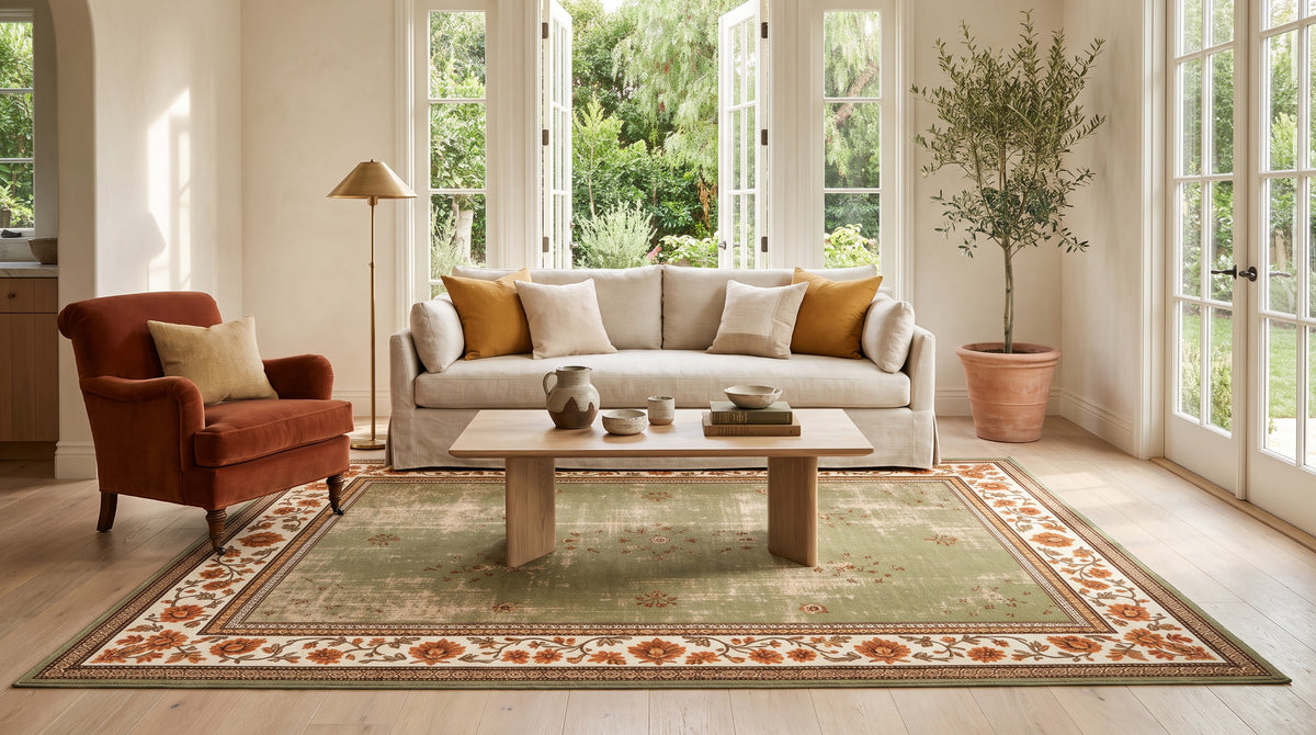 The same California living room with the Golnar Sage & Saffron rug