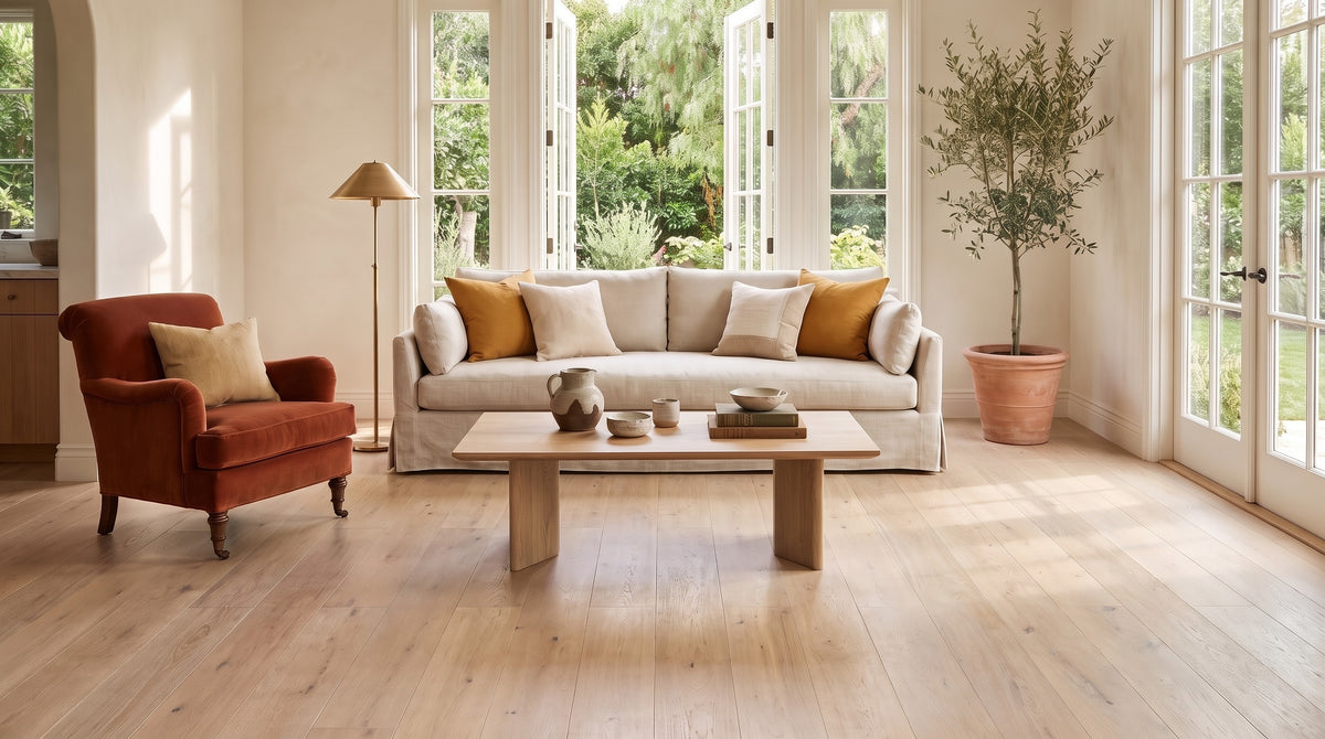 California living room before, bare white oak floor