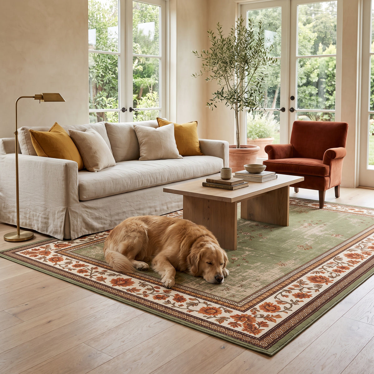 Golden retriever resting on the Golnar Sage & Saffron rug