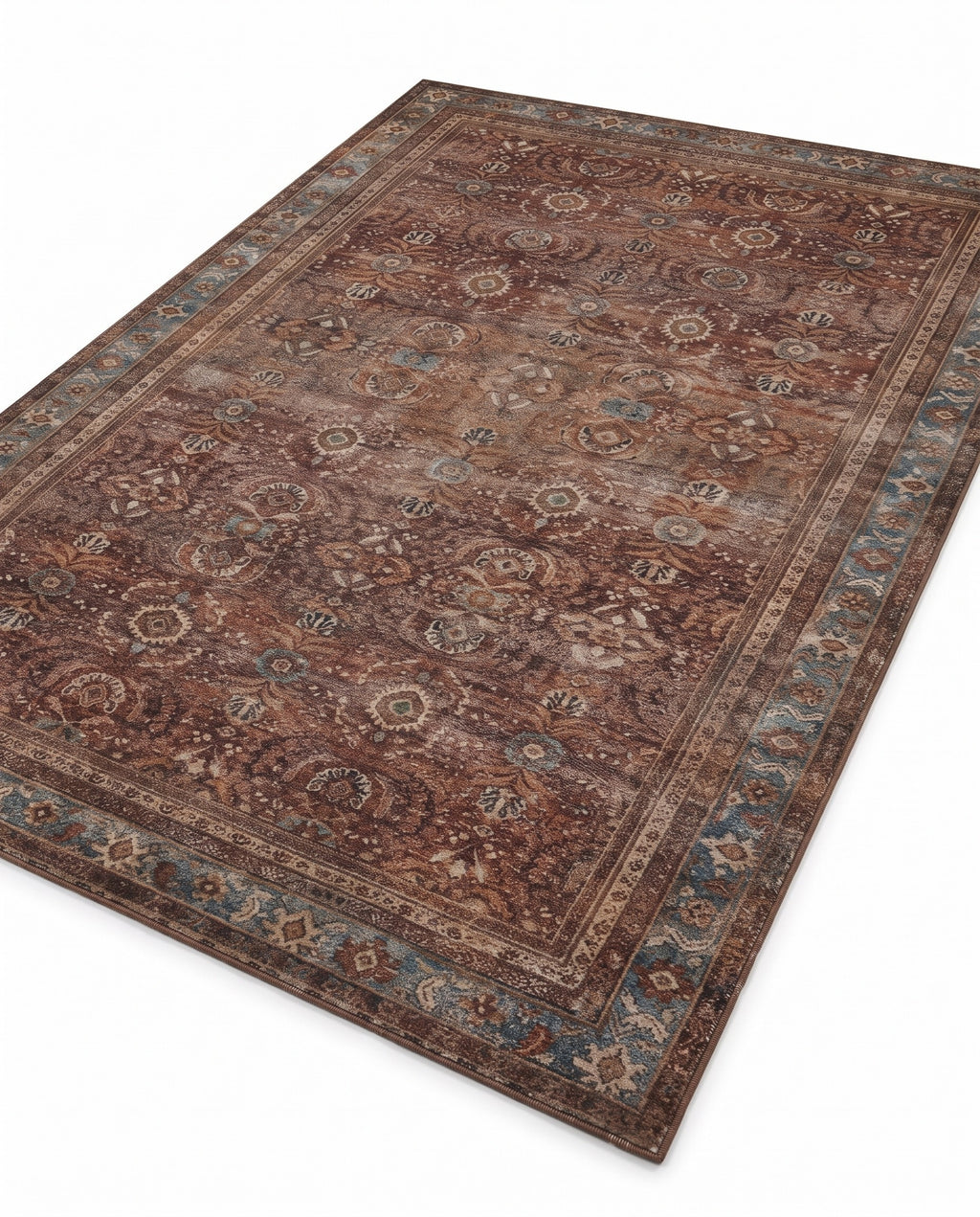 Kahroba Walnut & Teal rug, angled view showing the full design