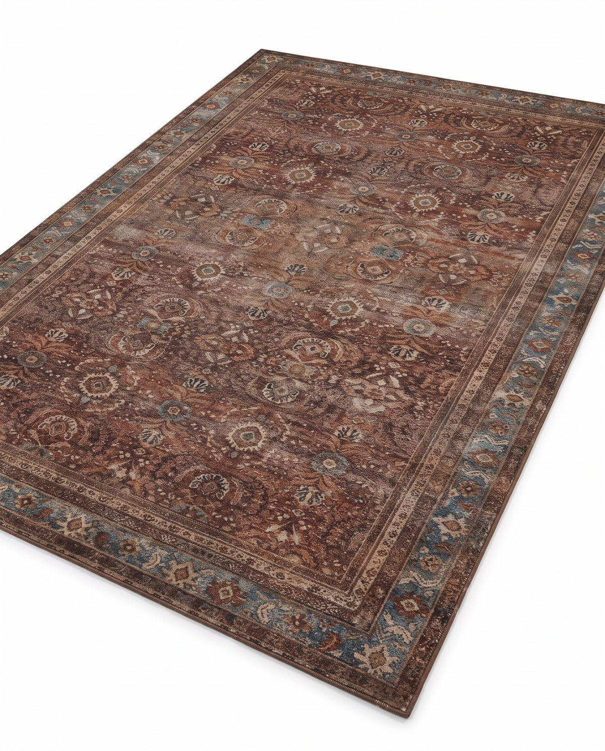 Kahroba Walnut & Teal rug, angled view showing the full design