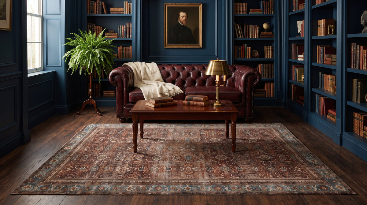 The same library with the Kahroba Walnut & Teal rug