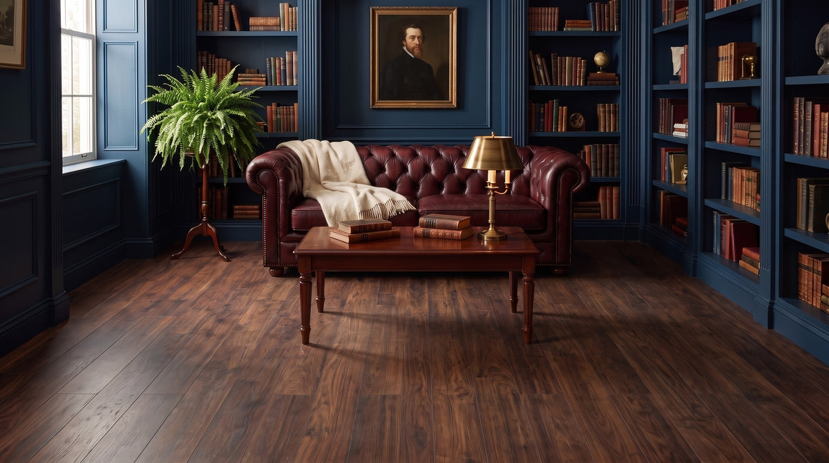 Dark academia library before, bare dark walnut floor