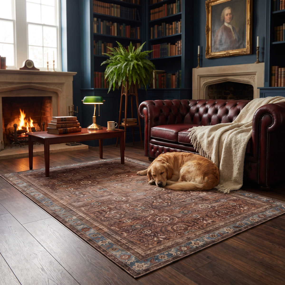 Golden retriever asleep on the Kahroba Walnut & Teal rug by the fire