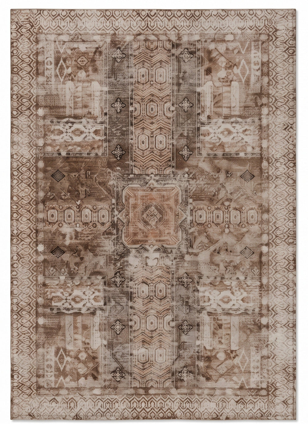 Kavir Sand & Cocoa Persian-style washable rug, top view