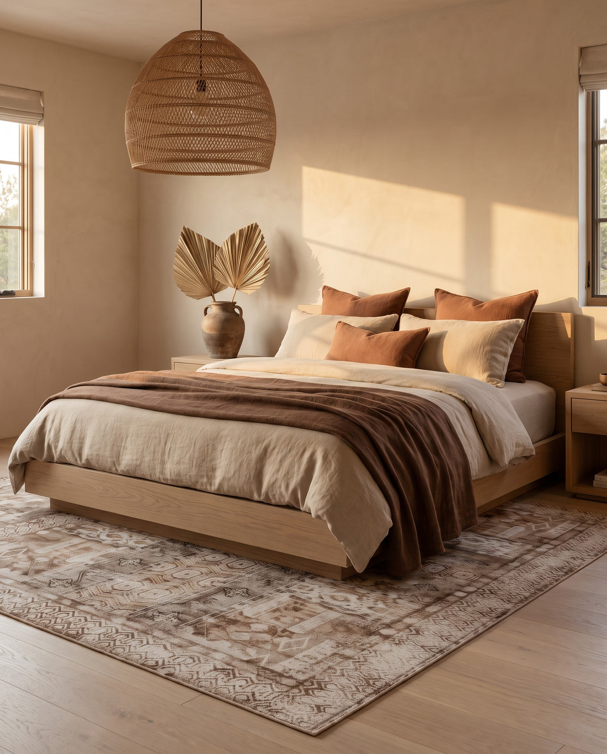 Kavir Sand & Cocoa rug under a bleached oak platform bed in a sunlit bedroom
