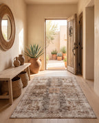 Kavir Sand & Cocoa rug in a desert entryway with a bleached oak bench