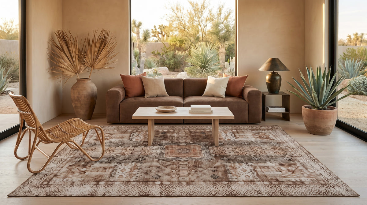 The same desert living room with the Kavir Sand & Cocoa rug
