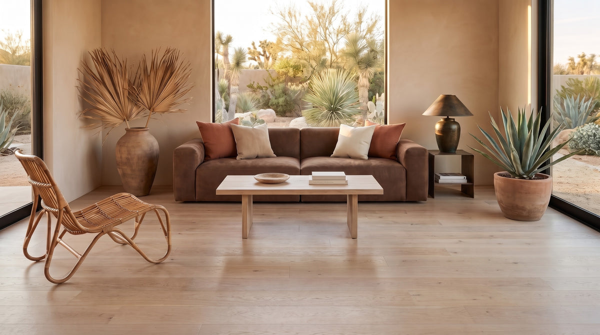 Desert living room before, bare bleached oak floor