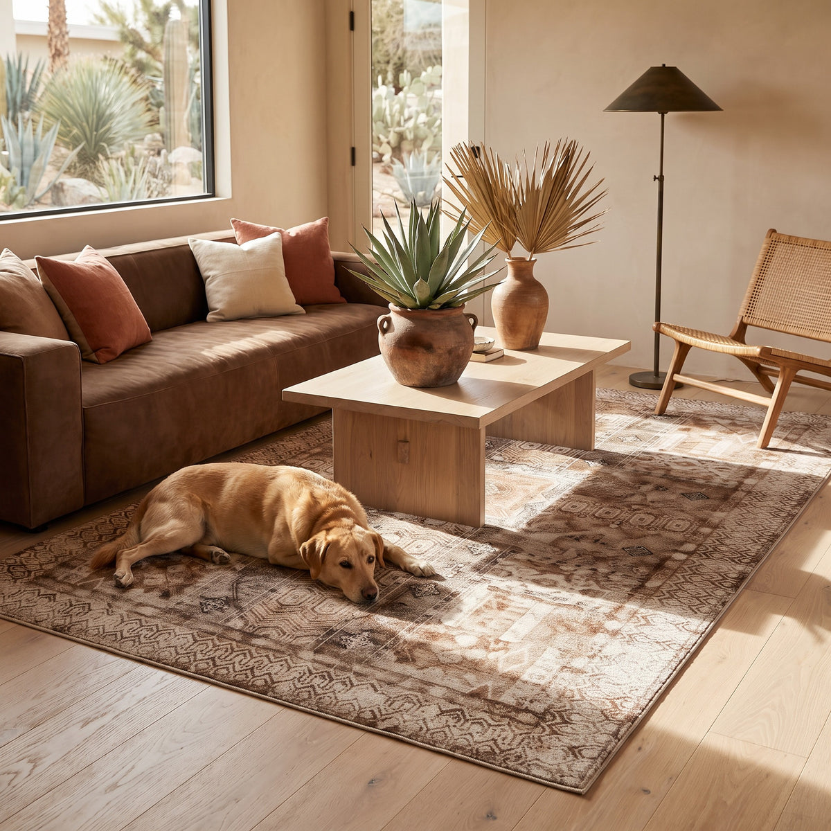 Dog resting on the Kavir Sand & Cocoa rug in warm desert light