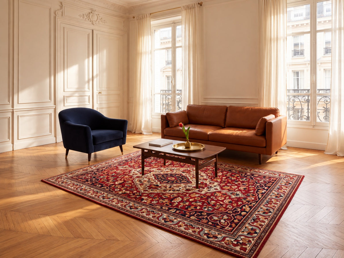 The same Parisian living room with the Laleh Garnet & Cream rug
